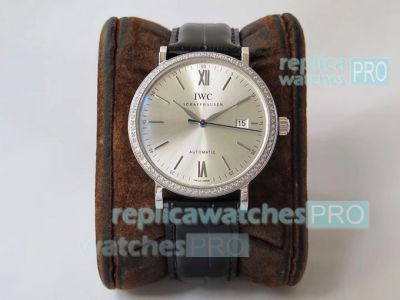 Swiss Grade Copy IWC Portofino SS Silver Dial Diamond Bezel Men Watch